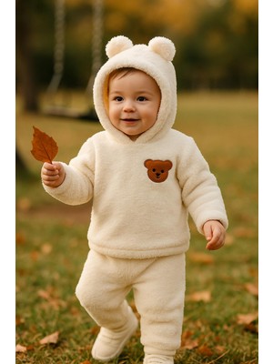 Bebek Peluş Ayı Kulaklı Kapüşonlu 2'li Takım - Kışlık Polar