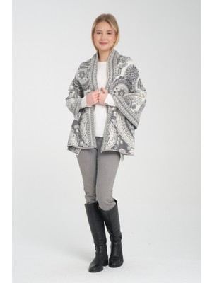 T-Crazy Knitwear Etnik Desenli Kışlık Triko Şal, Çift Katlı ve Çift Taraflı Triko Örme Omuz Şalı -