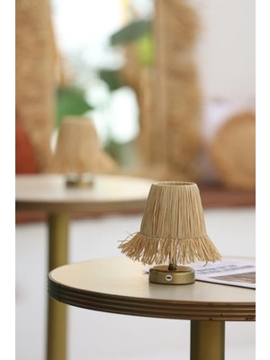 Rafya Saçaklı Şarjlı Masa Lambası - Alt Eskitme Gold