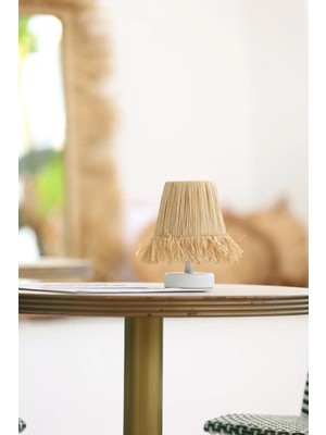 Rafya Saçaklı Şarjlı Masa Lambası - Alt Beyaz