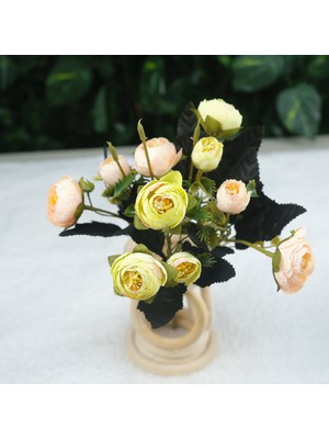 Somon Sarı Şakayık Gülü Mini Demeti 32 cm 5 Dal 10 Kafalı Yapay Çiçek