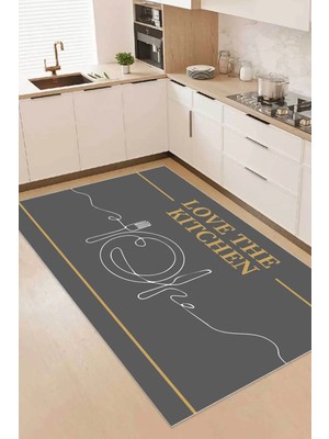 Dijital Baskılı Kaymaz Taban Yıkanabilir Gold Kitchen Yazılı Antrasit Mutfak Halı YOLLUK-DC-5014