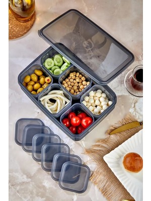 6'lı Kare Tepsili ve Bölmeli Kapaklı Çizgili Vakumlu Kahvaltılık Seti