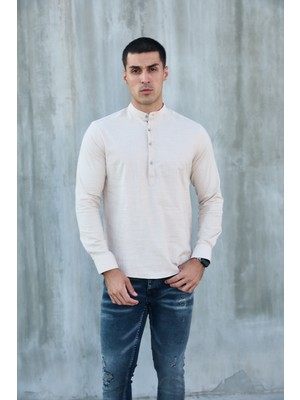 Hakim Yaka Yarım Pat Likra Keten Doku Pamuk Slim Fit Erkek Gömlek