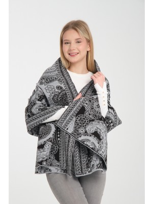 T-Crazy Knitwear Etnik Desenli Kışlık Triko Şal, Çift Katlı ve Çift Taraflı Triko Örme Omuz Şalı -