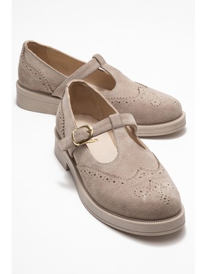 Janney Bej Süet Hakiki Deri Bantlı Kadın Loafer Ayakkabı