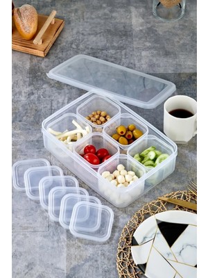 6lı Kare Tepsili ve Bölmeli Kapaklı Çizgili Vakumlu Kahvaltılık Seti