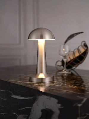Dokunmatik Şarjlı 3 Kademeli Işıklı Gece Lambası USB Girişli Gümüş Metal Mantar Masa Lambası