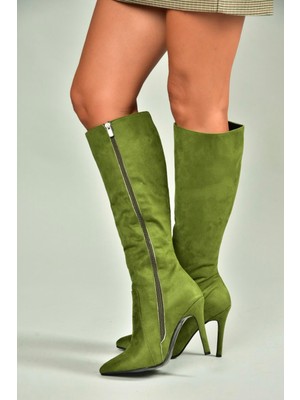 N372530102 Yeşil Süet Ince Topuklu Kadın Çizme