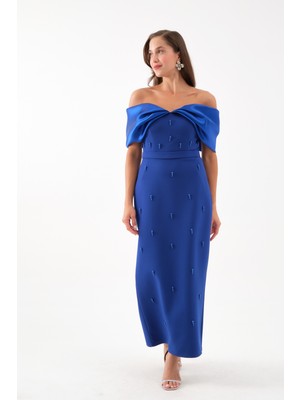 Kadın Saks Kayık Yaka Incili Söz Nişan Nikah Abiye Elbise