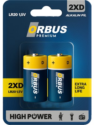 Orbus D Boy Alkalin Pil 1.5V LR20 – Büyük Boy Tek Kullanımlık Yüksek Performanslı Enerji
