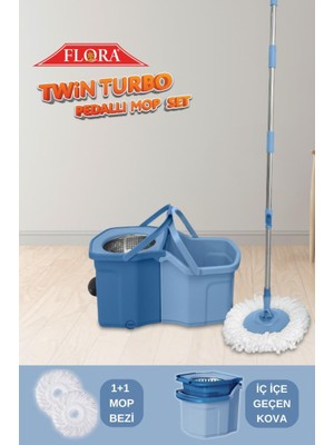 Twin Turbo Pedallı Çelik Mop Set, Temiz ve Kirli Suyu Ayıran Otomatik Temizlik Seti (1+1 Mop) Mavi