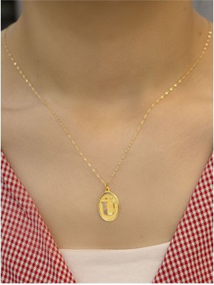 14 Ayar Altın Aynalı Oval Ü Harfli Kolye