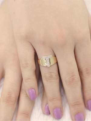 14 Ayar Altın Büyük T Harfli Taşlı Yüzük