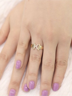 14 Ayar Altın Küçük K Harfli Taşlı Yüzük