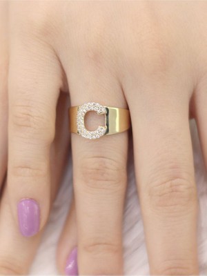 ZEYNEPLİ GOLD 14 Ayar Altın Büyük C Harfli Taşlı Yüzük