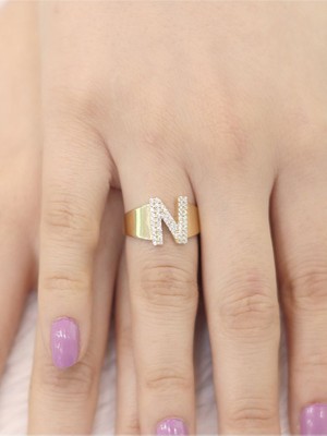 14 Ayar Altın Büyük N Harfli Taşlı Yüzük