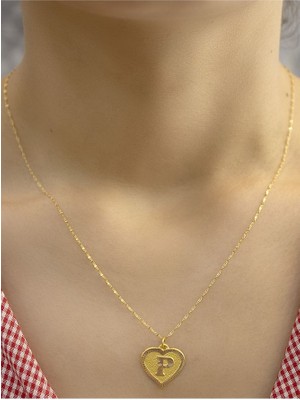 14 Ayar Altın Kalpli P Harfli Kolye