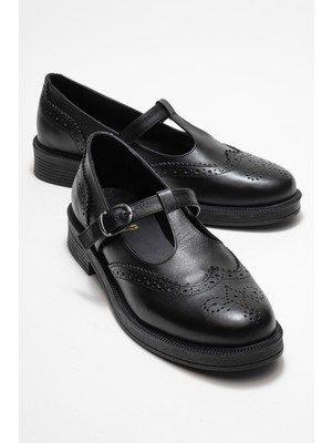 Janney Siyah Cilt Hakiki Deri Bantlı Kadın Loafer Ayakkabı