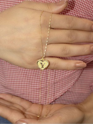 14 Ayar Altın Kalpli Y Harfli Kolye