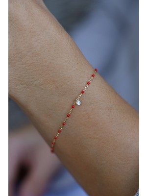 14 Ayar Altın Kırmızı Boncuklu ve Tek Taş Detaylı Bileklik