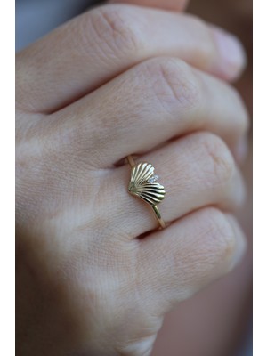 14 Ayar Altın Çifte Taş Detaylı Midye Yüzük