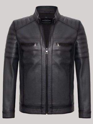 Hakiki Deri Siyah Omuz Kol Işlemeli Fermuarlı Erkek Deri Ceket