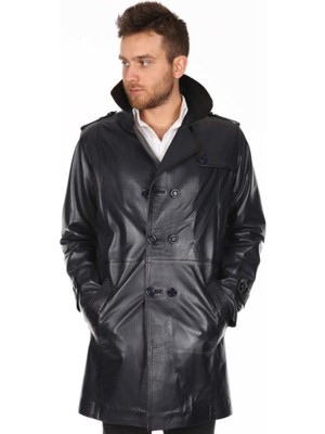 Hakiki Deri Siyah Omuz Kol Düğmeli Erkek Deri Ceket