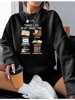 Books Baskılı Bisiklet Yaka Siyah Sweatshirt