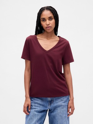 Gap Kadın Bordo Organik Pamuk Vintage V Yaka T-Shirt