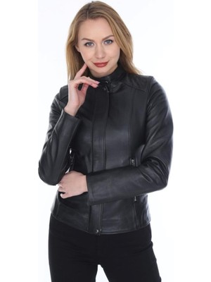 Hakiki Deri Siyah Omuz Işlemeli Empress Kadın Ceket