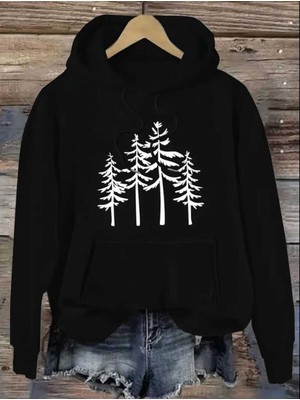 Dört Ağaç Baskılı Kapüşonlu Cepli Içi Yünlü Siyah Sweatshirt
