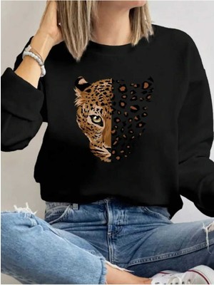 Yarım Yüz Leopar Baskılı Bisiklet Yaka Siyah Sweatshirt