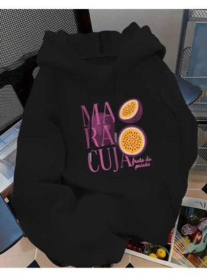Maracuja Baskılı Kapüşonlu Cepli Içi Yünlü Siyah Sweatshirt
