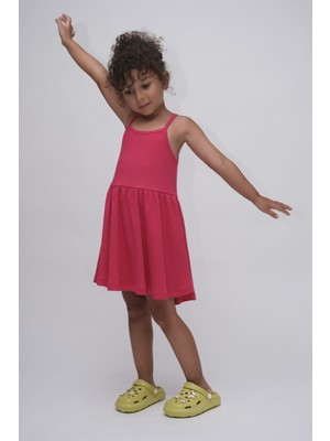 Kız Çocuk Askılı Fuşya Renk   Kaşkorse Elbise