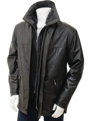 Hakiki Deri Siyah Oscar Yaka Kürklü Erkek Deri Ceket