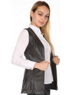 Hakiki Deri Siyah Önü Fermuarlı Kadın Deri Yelek