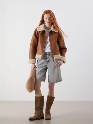 Xsıde Gömlek Yaka Kadın Deri Görünümlü Mont  (W5)