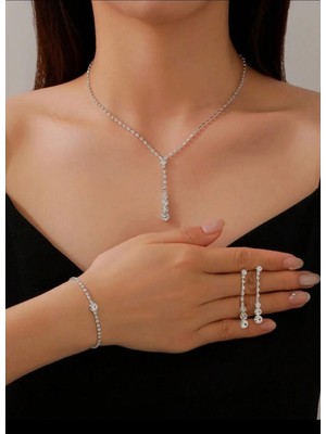 Gümüş Kaplama Damla Kolye , Küpe ve Bileklik 3lü Set Davet Düğün Nişan Abiye