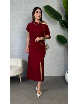 Equri Kadın Kısa Kollu Tek Omuzdan Açık Beli Lastikli Sandy Maxi Elbise