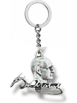 Atatürk Silüet ve Imza Figürlü Metal Anahtarlık – Gümüş Renk Unisex Aksesuar