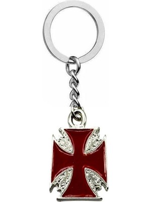 Kırmızı Kare Detaylı Haç Figürlü Metal Anahtarlık – Unisex Gotik & Vintage Aksesuar