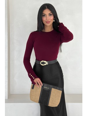 Kadın Bordo Uzun Kollu Bluz – Altın Düğme Detaylı Şık Tasarım