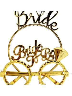 Bride Yazılı Taç ve Bride To Be Yazılı Gözlük Seti Altın Renk