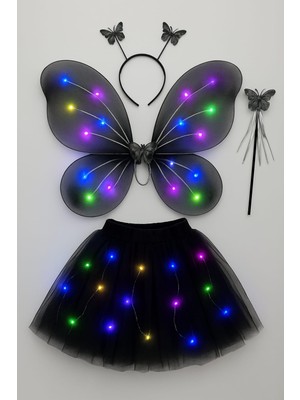 Beryka 2-10 Yaş Kız Çocuk LED Işıklı Kelebek Kanat Peri Kostüm Seti
