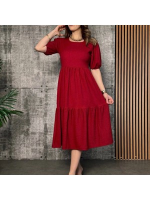 Kadın Kısa Kollu Yakası Açık Katlı Bürümcük Balon Elbise