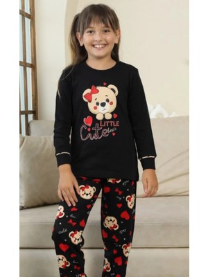 Küçük Sevimli Ayıcık Desenli Kız Çocuk Pijama Takımı - Siyah