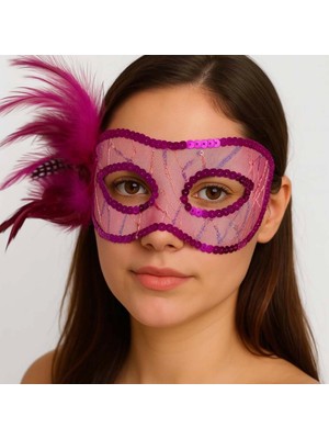 Fuşya Renk Yandan Tüylü Pul Payet Işlemeli Parti Maskesi 23X12 cm