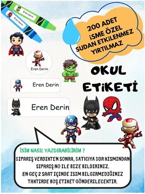 Mini Süper Kahramanlar Okul Etiketi Kalem Defter Özel Isim Yazılabilen Etiket 200 Adet