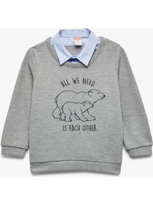 Uzun Kollu Gömlek Yaka Baskılı Sweatshirt